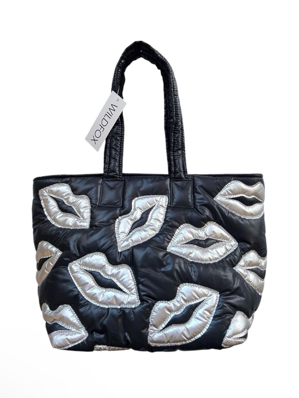 NEW Wildfox Black Puffer Tote Bag Silver Lips Beach Pool Soft Bag  W/Tags $96